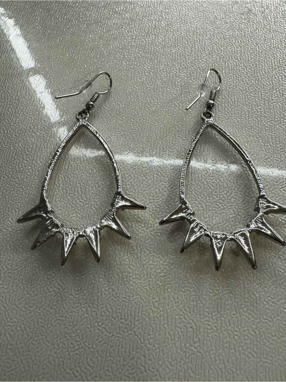 Silver Tone Teardrop Spike Clear Rhinestone Dangle Hook Hoop Earrings 2 3/8